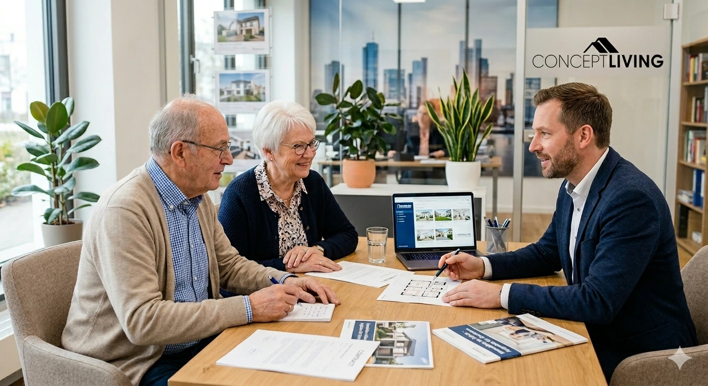Beratungsgespräch zwischen Senioren und einem Experten der Concept Living GmbH zum barrierefreien Umbau des Eigenheims